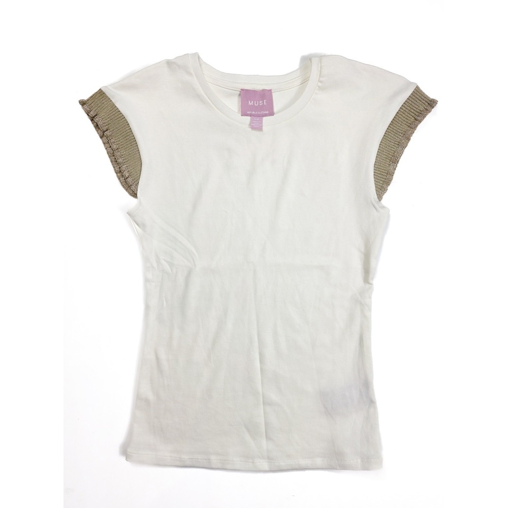 Muse Republic Clothing White Gold Ruffled Cap Sleeve Top Women's Size Small